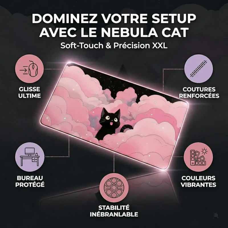 Tapis de souris Nebula Cat | Soft-Touch & Précision - Confort Premium XXL