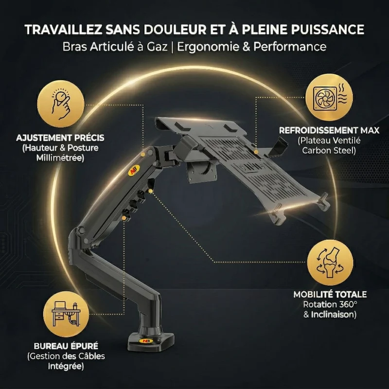 Support PC Portable NB Elite Air-Flow - Bras Articulé à Gaz | Ergonomie & Performance
