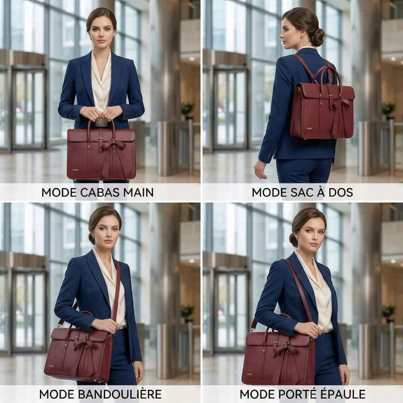 Sac Ordinateur Femme L’Ambitieuse 13 à 16" - Tote Bag Similicuir 4-en-1 avec Nœud Chic