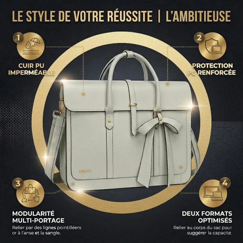 Sac Ordinateur Femme L’Ambitieuse 13 à 16" - Tote Bag Similicuir 4-en-1 avec Nœud Chic