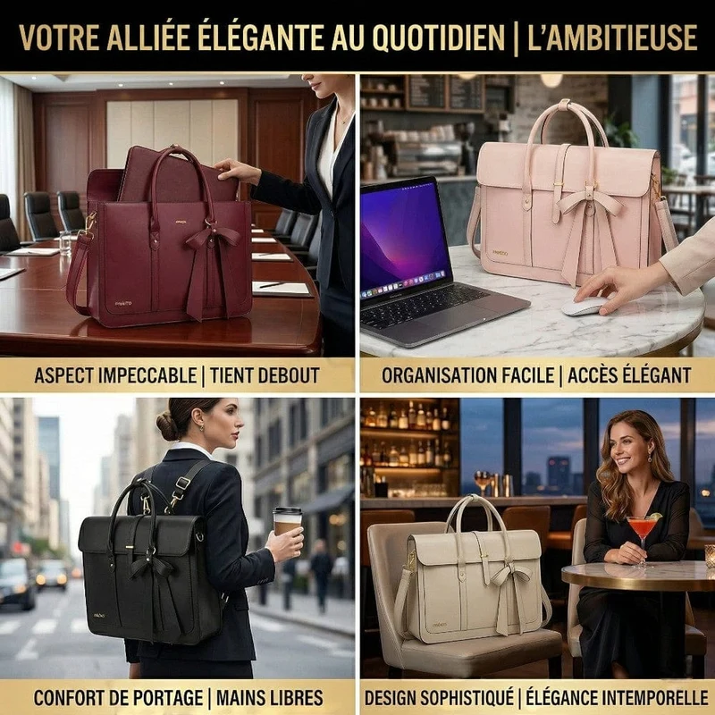 Sac Ordinateur Femme L’Ambitieuse 13 à 16" - Tote Bag Similicuir 4-en-1 avec Nœud Chic