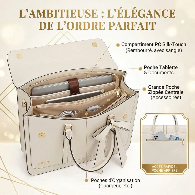 Sac Ordinateur Femme L’Ambitieuse 13 à 16" - Tote Bag Similicuir 4-en-1 avec Nœud Chic