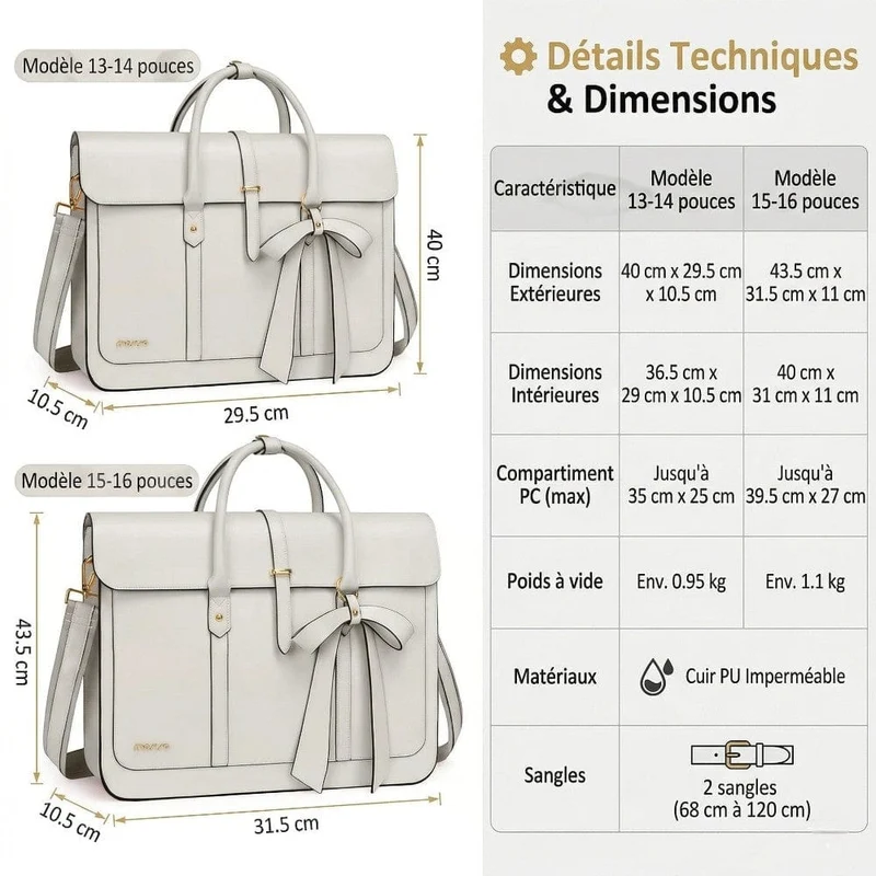 Sac Ordinateur Femme L’Ambitieuse 13 à 16" - Tote Bag Similicuir 4-en-1 avec Nœud Chic