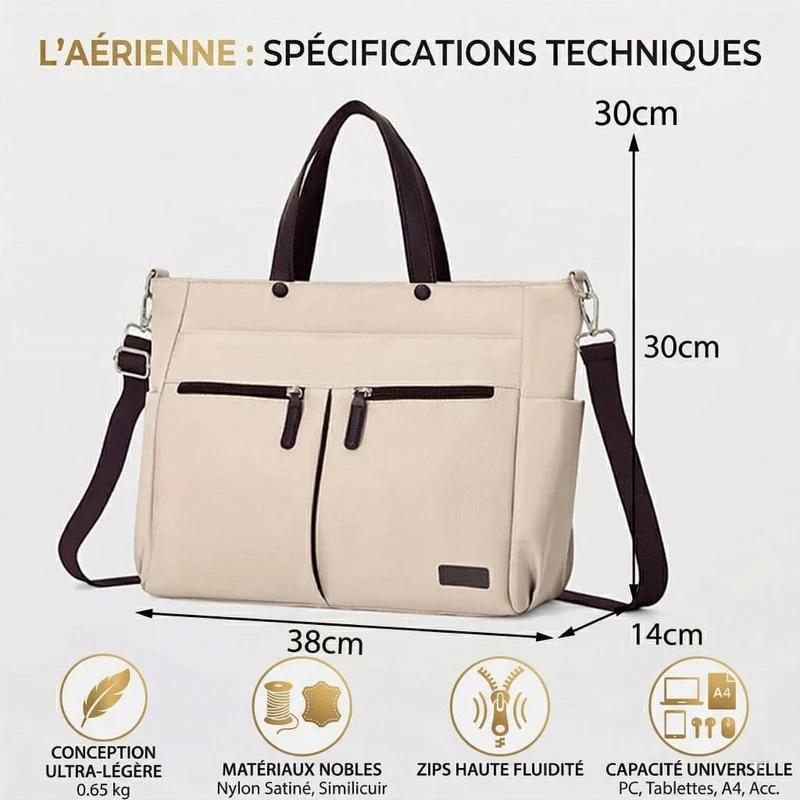 Sac Ordinateur Femme L'Aérienne 15" Nylon Chic - Tote Bag Ultra léger