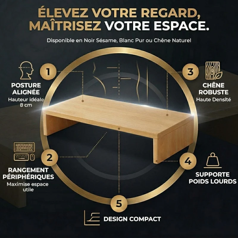 Support écran PC Oak 8 - Bois Premium | Rangement & Posture Ergonomique