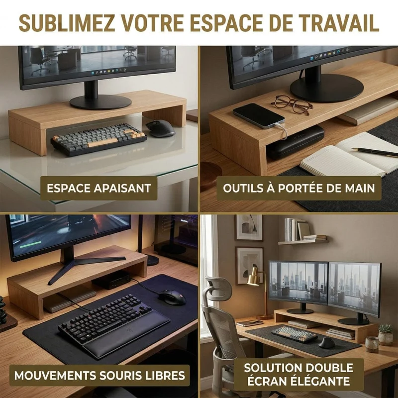 Support écran PC Oak 8 - Bois Premium | Rangement & Posture Ergonomique