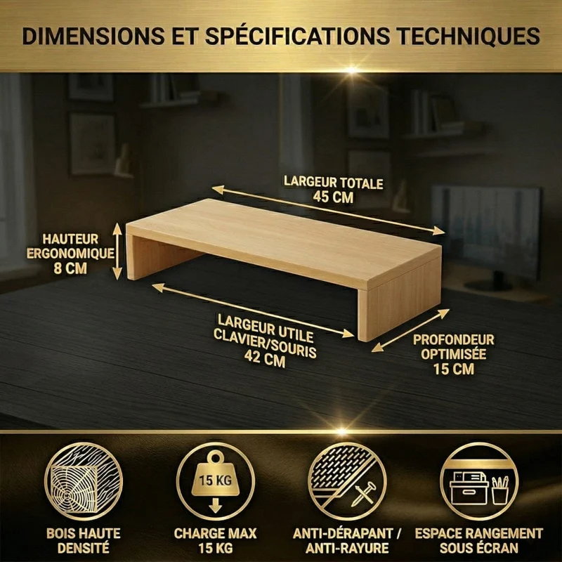 Support écran PC Oak 8 - Bois Premium | Rangement & Posture Ergonomique