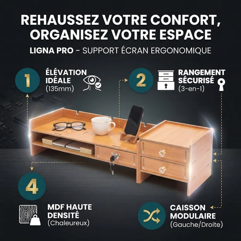 Support écran PC Ligna Pro en Bois MDF avec 3 tiroirs - Posture Adaptée