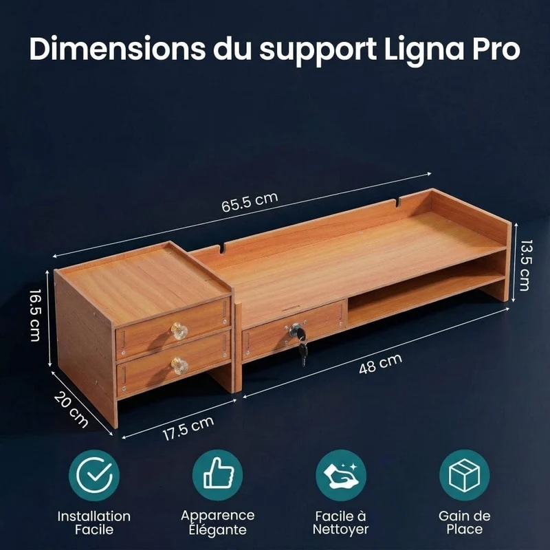 Support écran PC Ligna Pro en Bois MDF avec 3 tiroirs - Posture Adaptée