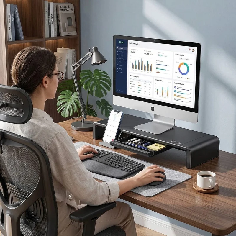Support d'écran PC Steel-Flex Avec Support Téléphone et Tiroir | Largeur Ajustable