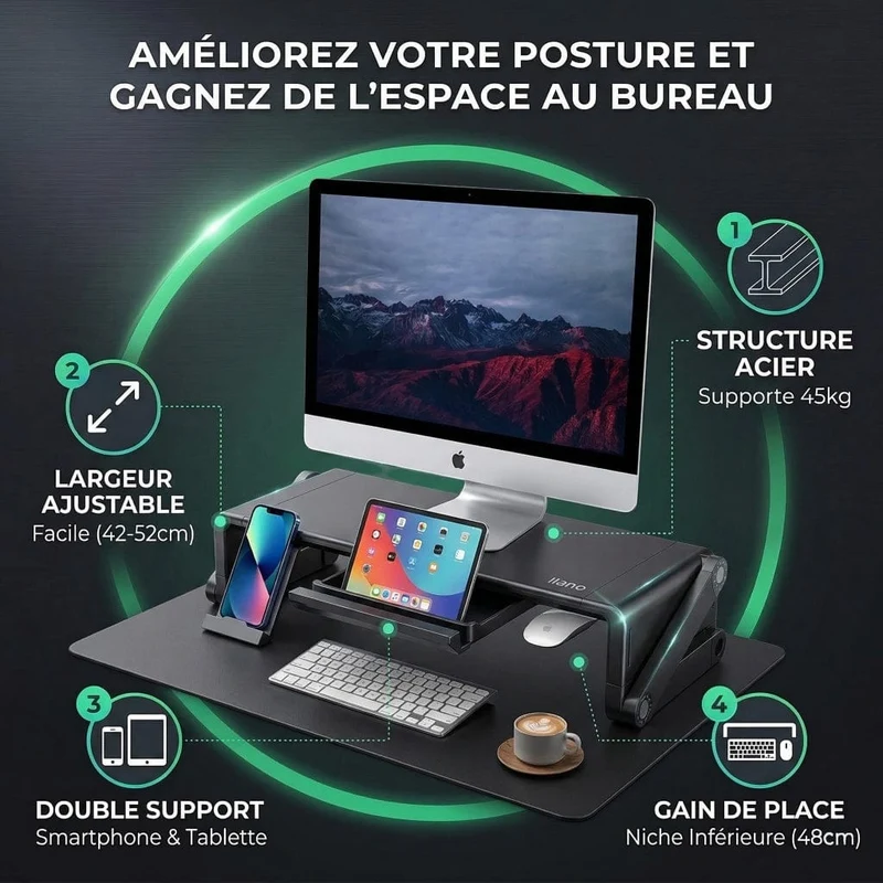 Support d'écran PC Steel-Flex Avec Support Téléphone et Tiroir | Largeur Ajustable