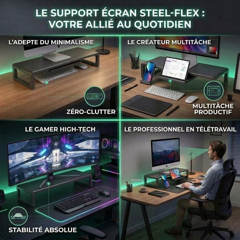 Support d'écran PC Steel-Flex Avec Support Téléphone et Tiroir | Largeur Ajustable