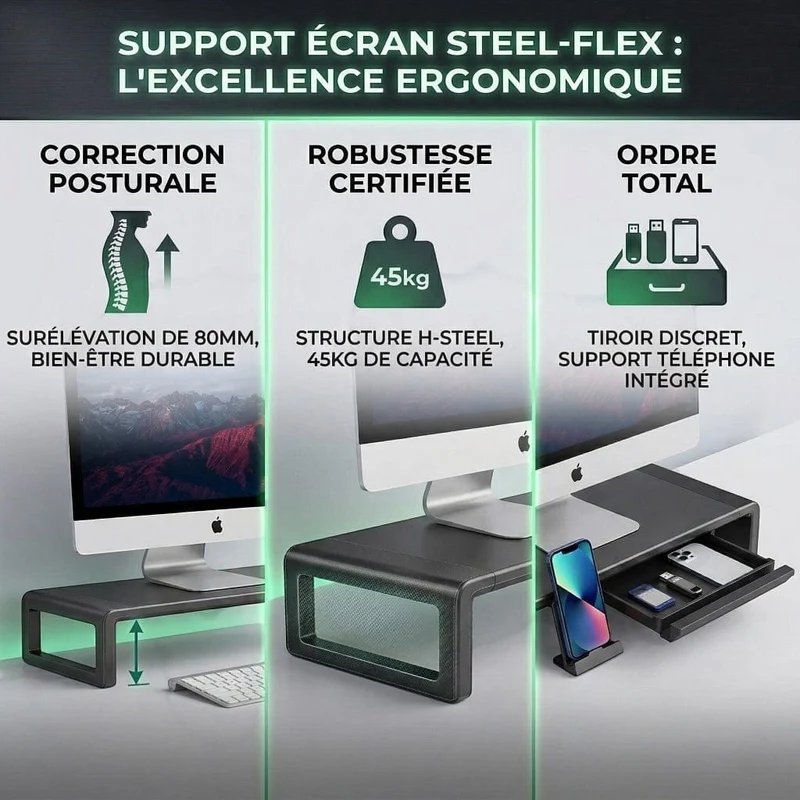 Support d'écran PC Steel-Flex Avec Support Téléphone et Tiroir | Largeur Ajustable