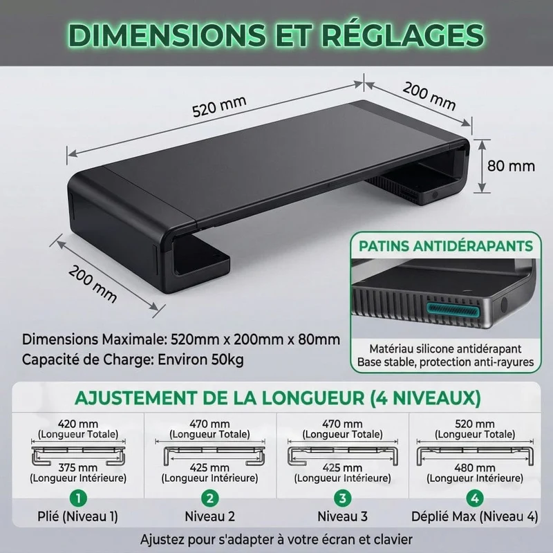 Support d'écran PC Steel-Flex Avec Support Téléphone et Tiroir | Largeur Ajustable
