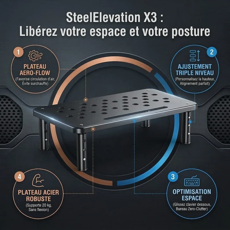 Support d'écran PC SteelElevation X3 : Pieds télescopiques réglables sur 3 niveaux