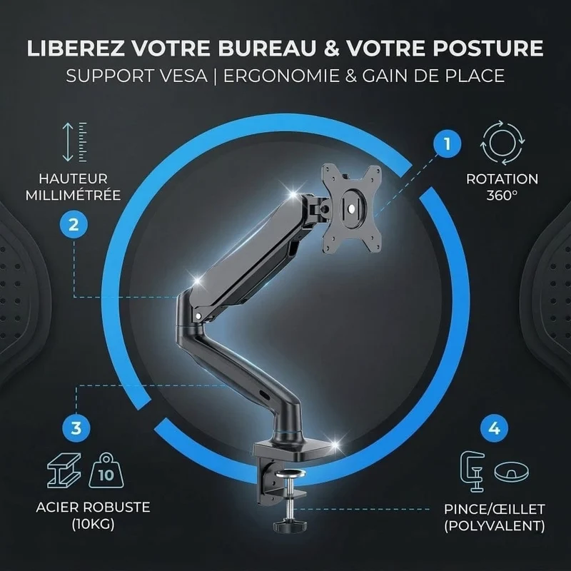 Bras articulé écran BEISHI 14-32" - Support VESA | Ergonomie & Gain de Place