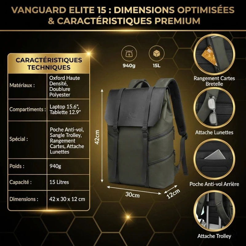 Sac à dos ordinateur Homme Vanguard Elite 15 | Style & Performance