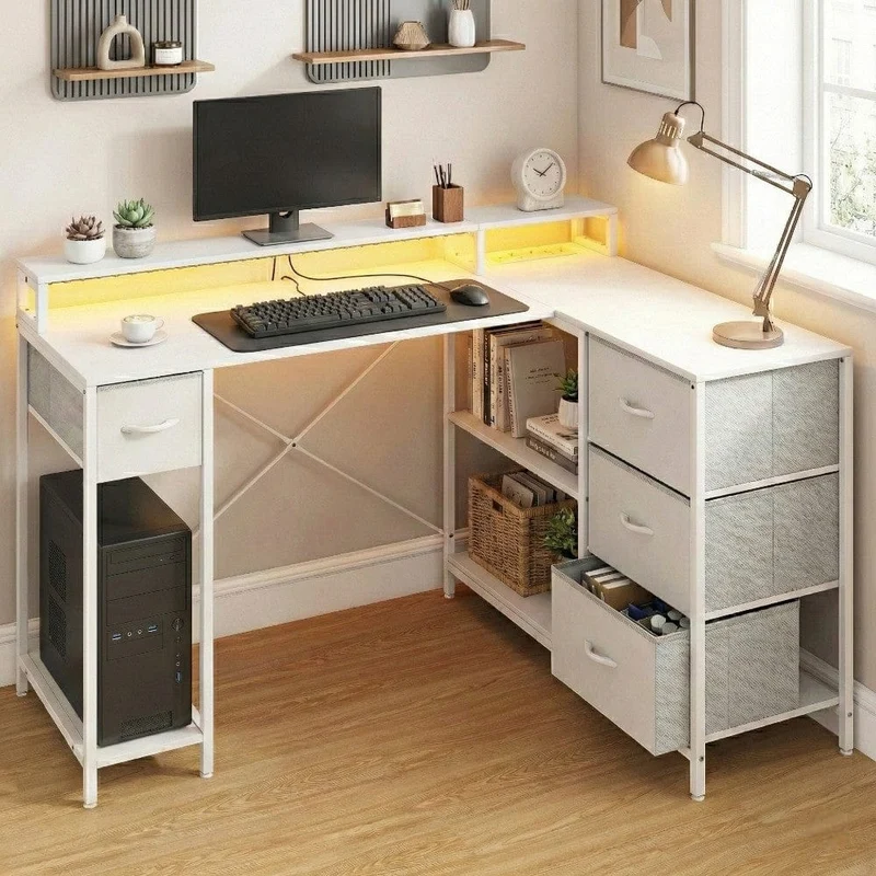 Bureau d'angle blanc ZENITH 140x100 : Espace Max - LED & Charge Intégrée