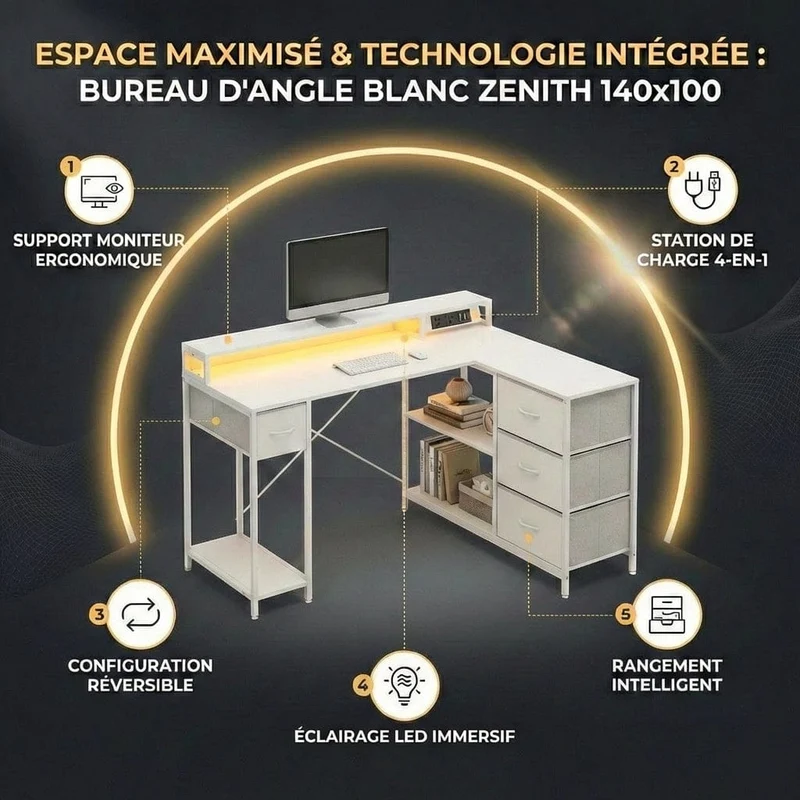 Bureau d'angle blanc ZENITH 140x100 : Espace Max - LED & Charge Intégrée