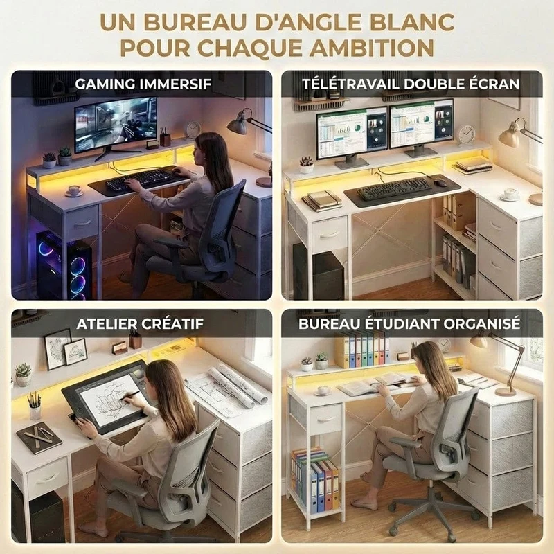 Bureau d'angle blanc ZENITH 140x100 : Espace Max - LED & Charge Intégrée