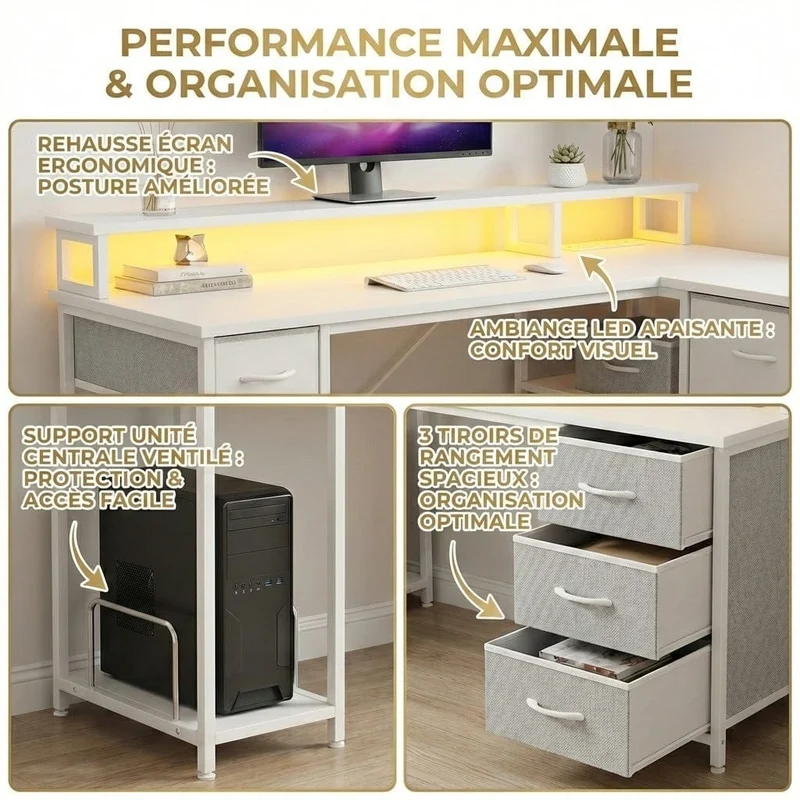 Bureau d'angle blanc ZENITH 140x100 : Espace Max - LED & Charge Intégrée