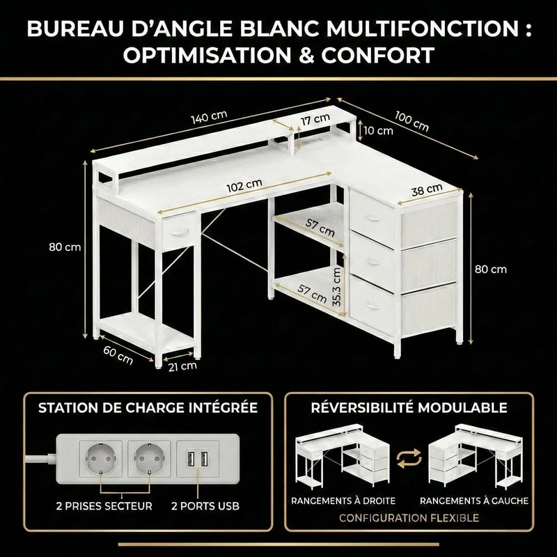 Bureau d'angle blanc ZENITH 140x100 : Espace Max - LED & Charge Intégrée