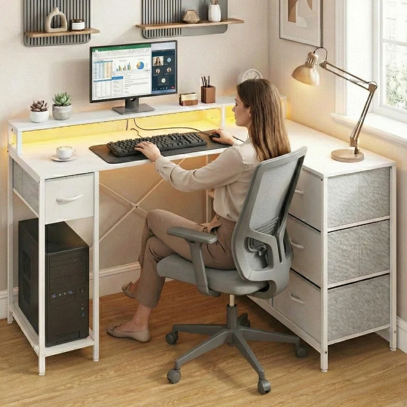 Bureau d'angle blanc ZENITH 140x100 : Espace Max - LED & Charge Intégrée