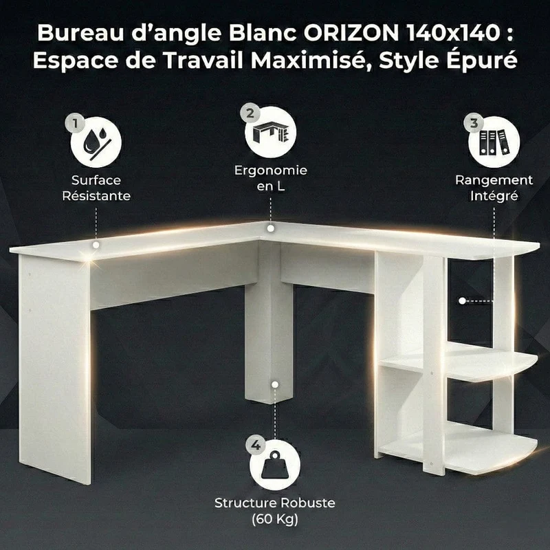 Bureau d'angle Blanc ORIZON 140x140 : Espace optimisé - Style épuré