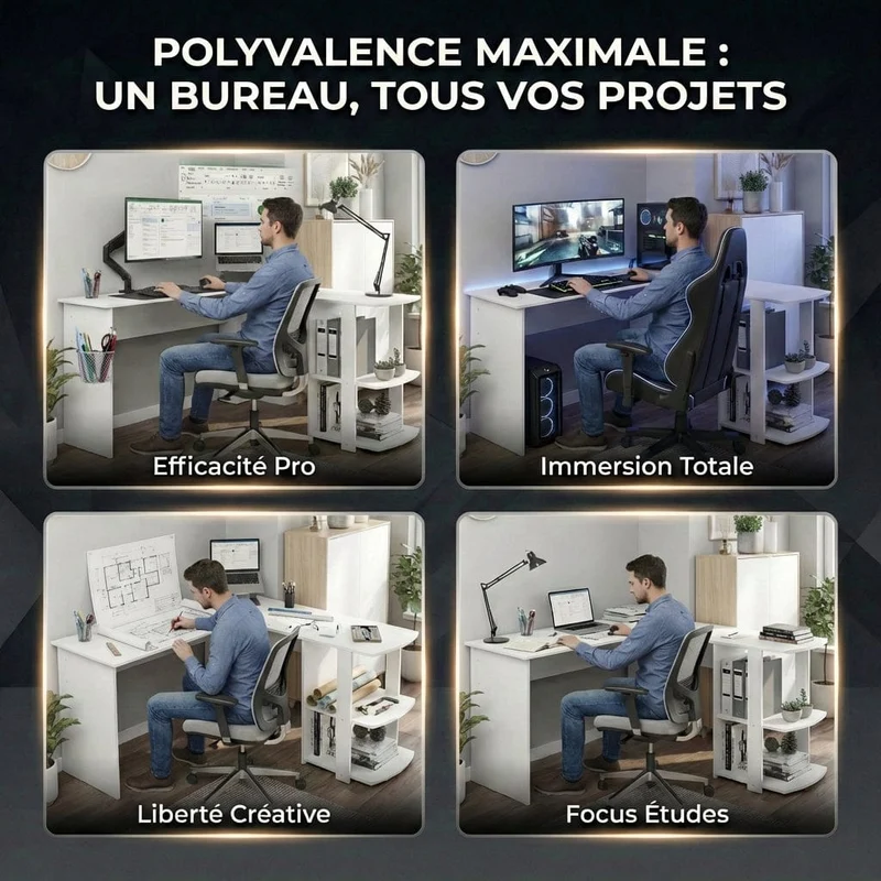 Bureau d'angle Blanc ORIZON 140x140 : Espace optimisé - Style épuré
