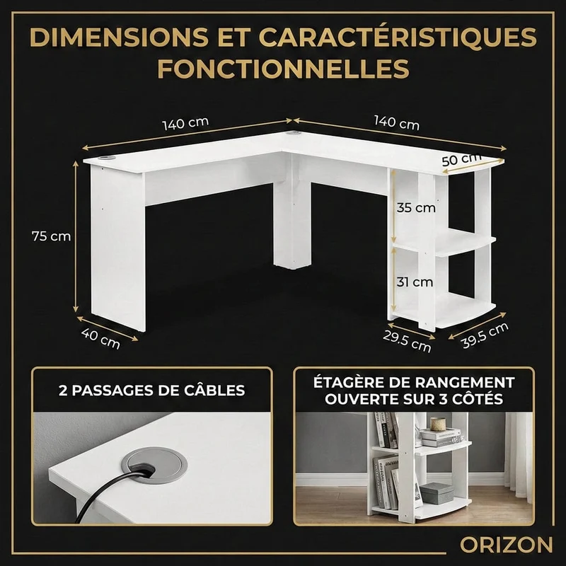 Bureau d'angle Blanc ORIZON 140x140 : Espace optimisé - Style épuré