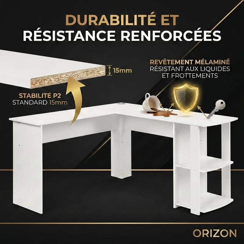 Bureau d'angle Blanc ORIZON 140x140 : Espace optimisé - Style épuré