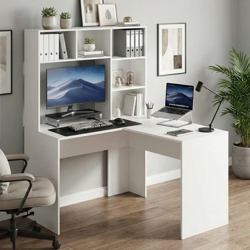 Bureau d'angle Blanc NARVIK 108x125x153 : Rangements intégrés & Blocs Prises