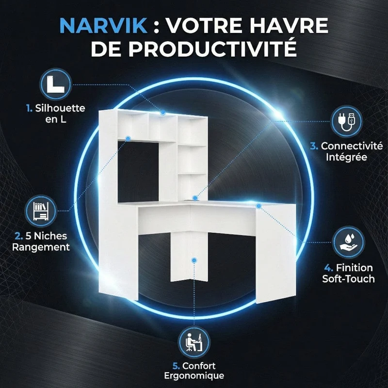 Bureau d'angle Blanc NARVIK 108x125x153 : Rangements intégrés & Blocs Prises