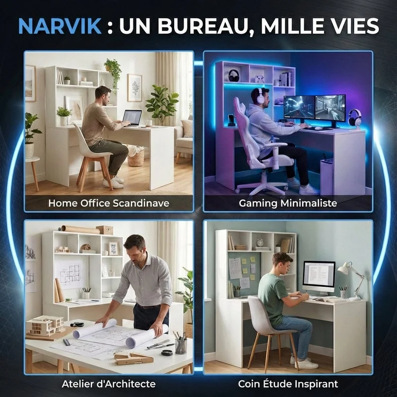 Bureau d'angle Blanc NARVIK 108x125x153 : Rangements intégrés & Blocs Prises