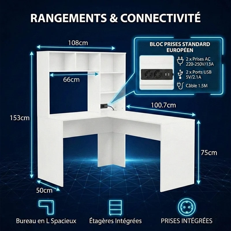 Bureau d'angle Blanc NARVIK 108x125x153 : Rangements intégrés & Blocs Prises