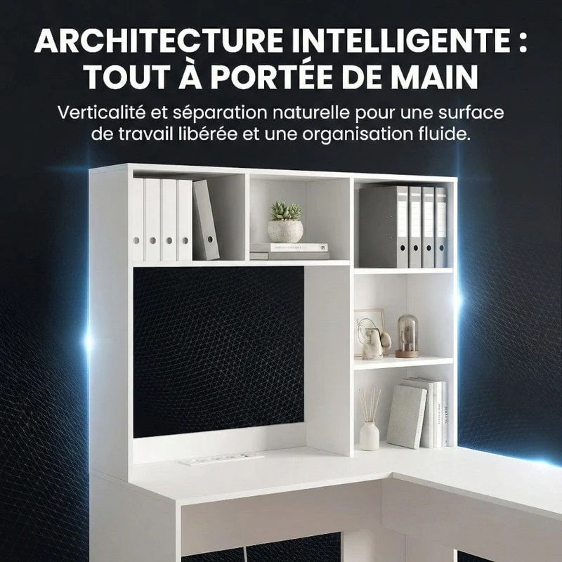 Bureau d'angle Blanc NARVIK 108x125x153 : Rangements intégrés & Blocs Prises