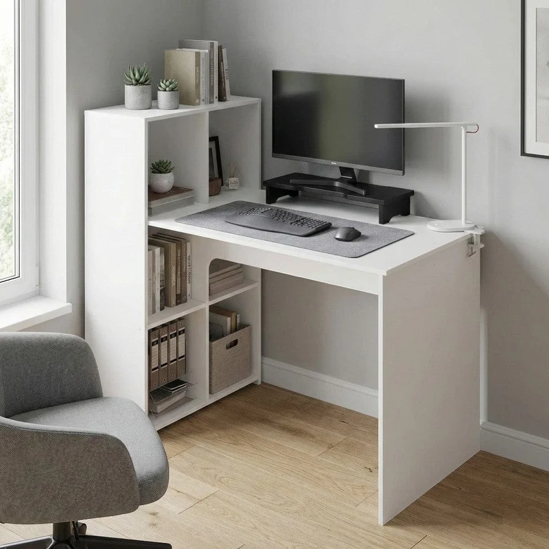 Bureau Blanc LYRAX 120x60 : Espace optimisé - Bibliothèque réversible