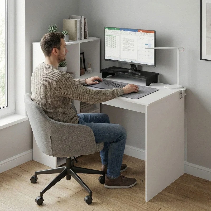 Bureau Blanc LYRAX 120x60 : Espace optimisé - Bibliothèque réversible