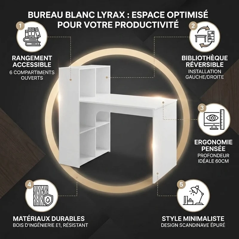 Bureau Blanc LYRAX 120x60 : Espace optimisé - Bibliothèque réversible