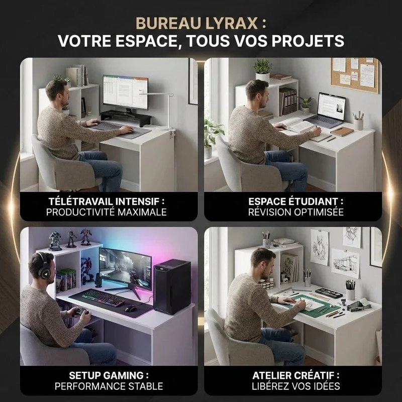Bureau Blanc LYRAX 120x60 : Espace optimisé - Bibliothèque réversible