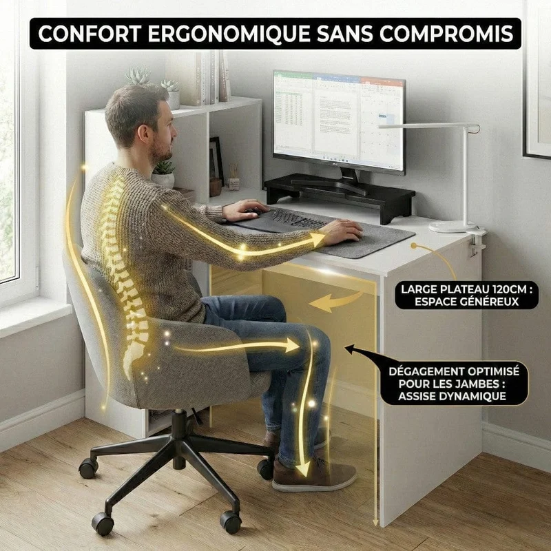 Bureau Blanc LYRAX 120x60 : Espace optimisé - Bibliothèque réversible