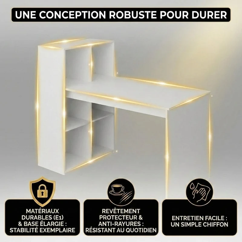 Bureau Blanc LYRAX 120x60 : Espace optimisé - Bibliothèque réversible
