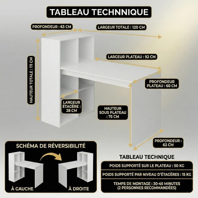 Bureau Blanc LYRAX 120x60 : Espace optimisé - Bibliothèque réversible