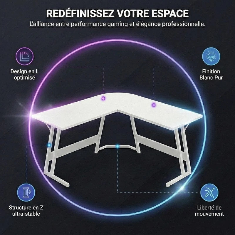 Bureau d'angle blanc KRYON 130x130 : Horizon infini - Structure en Z épurée