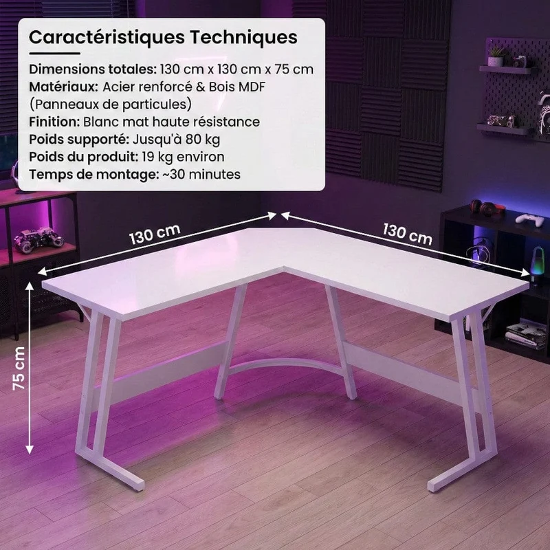 Bureau d'angle blanc KRYON 130x130 : Horizon infini - Structure en Z épurée