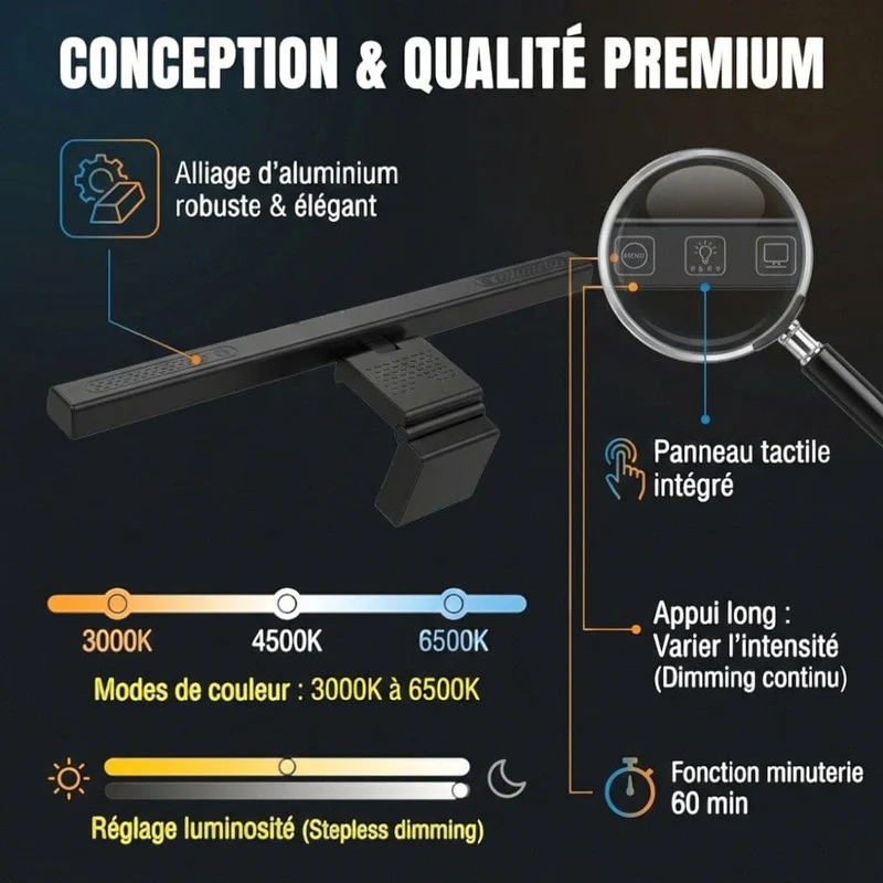 Lampe de Bureau Screenbar VIZION 40cm : Zéro Reflet - Corps en Aluminium