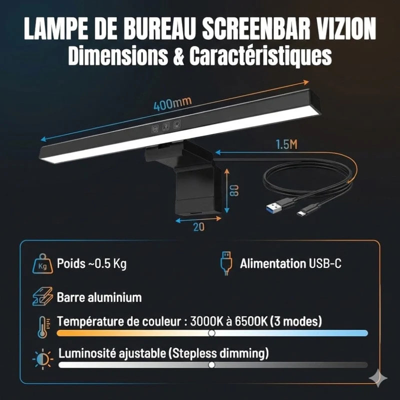 Lampe de Bureau Screenbar VIZION 40cm : Zéro Reflet - Corps en Aluminium