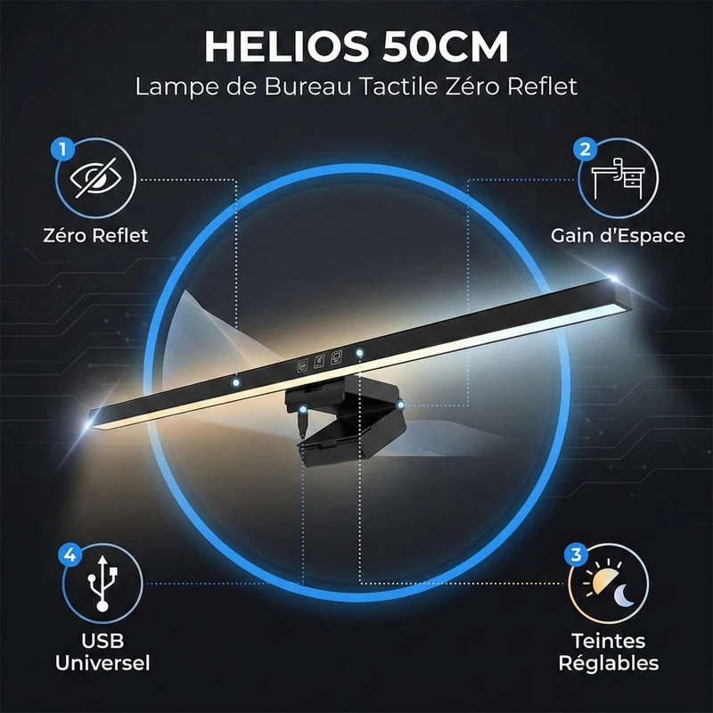 Lampe de Bureau Screenbar Tactile HELIOS 50cm : Zéro Reflet - Fixation Clip