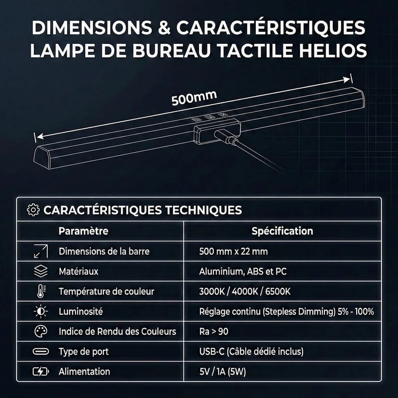 Lampe de Bureau Screenbar Tactile HELIOS 50cm : Zéro Reflet - Fixation Clip