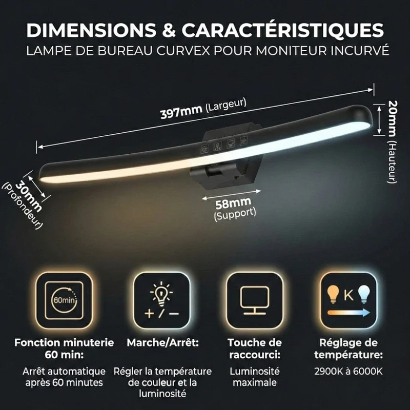 Lampe de Bureau Screenbar Tactile CURVEX 40cm : Zéro Reflet - Corps Incurvé